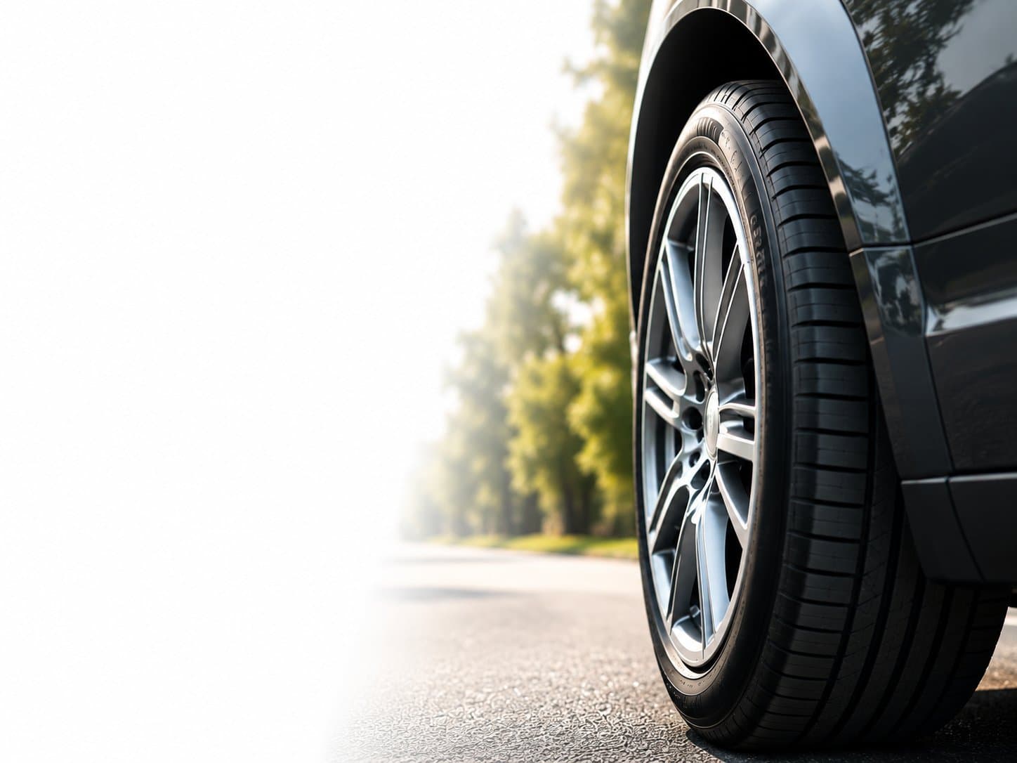Close-up of a car tire and alloy wheel on a sunlit road